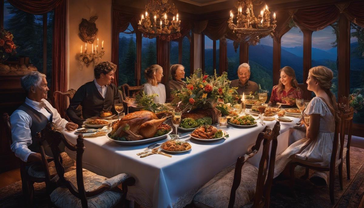 Image of a dream feast with deceased loved ones enjoying a meal together