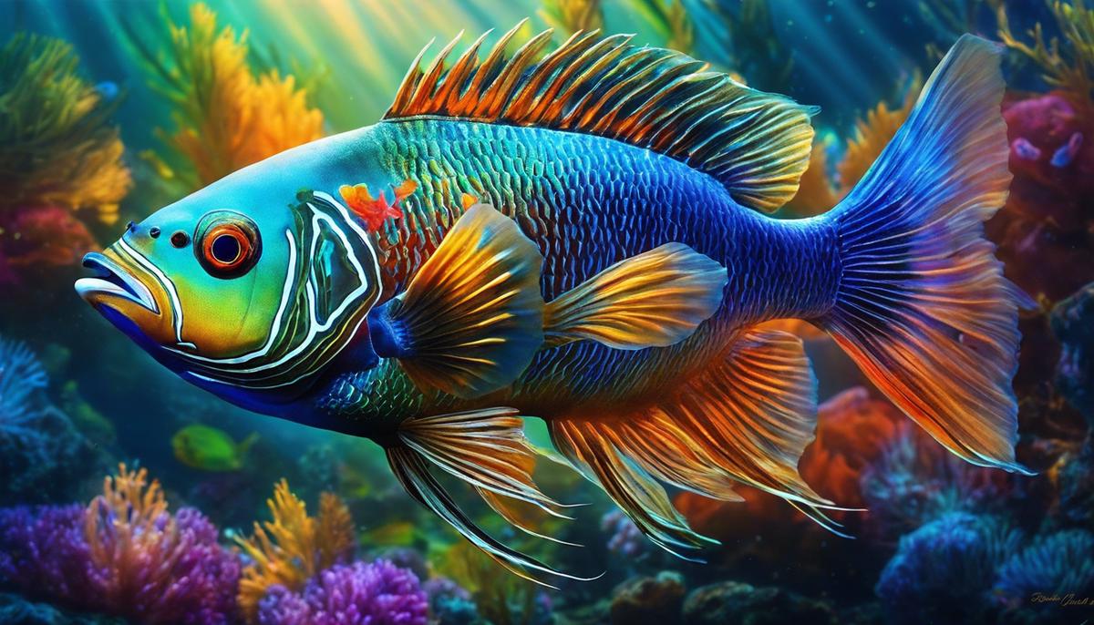 An image of a dream fish swimming in a vibrant underwater scene, symbolizing personal transformation and introspection.
