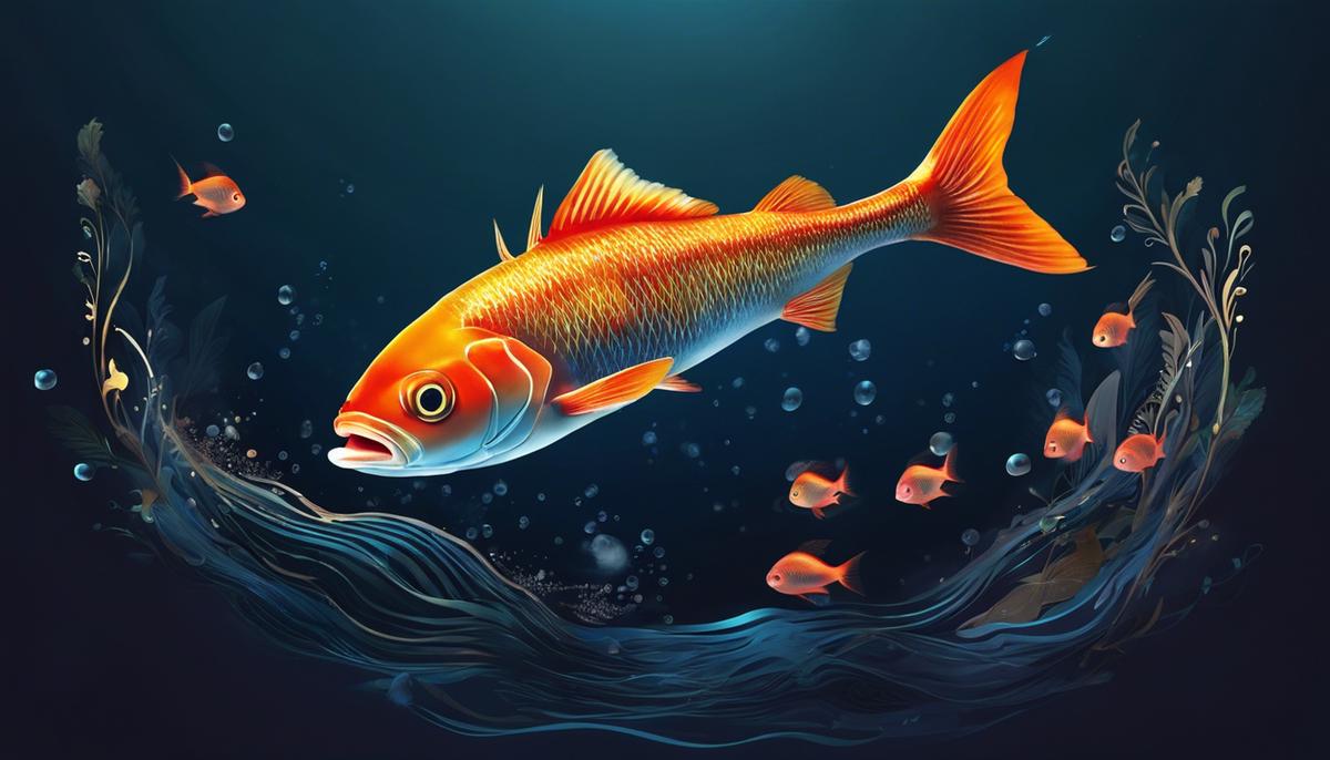 Illustration of a fish floating upside down in a dark dreamy background