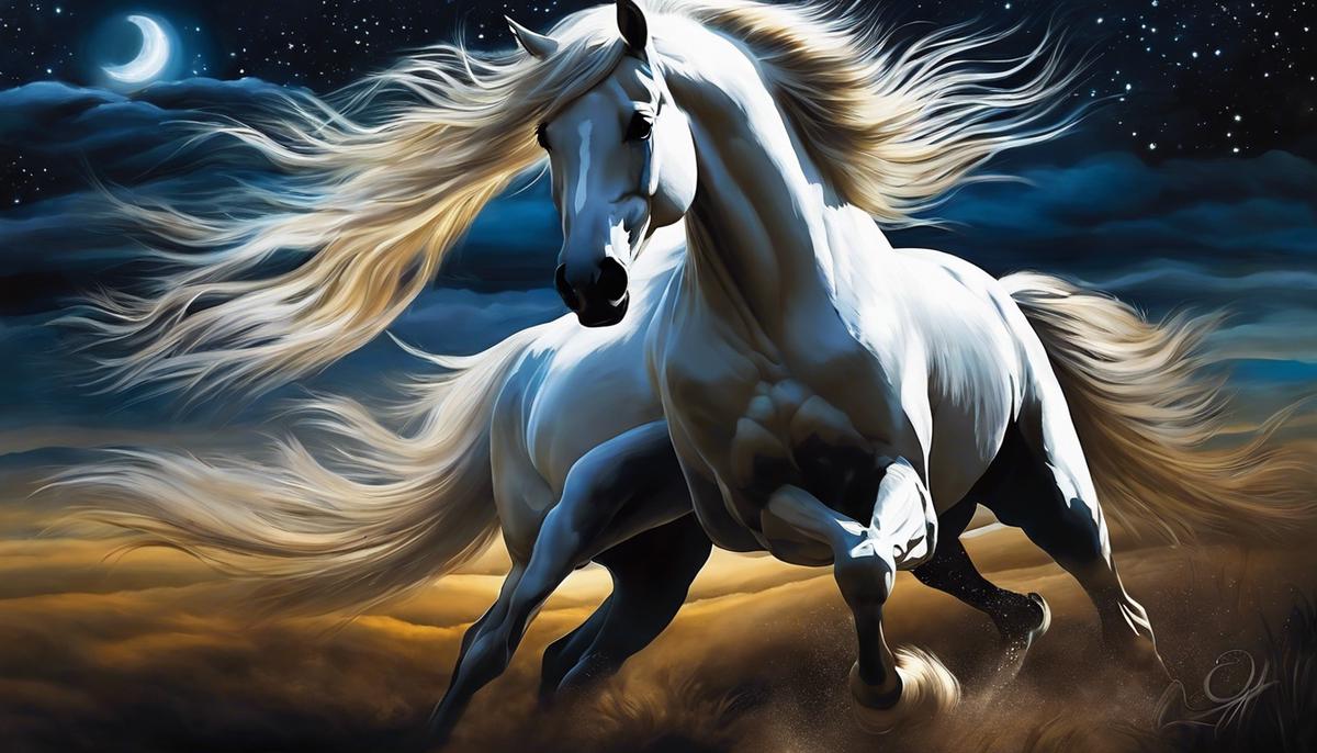 An ethereal dream horse galloping in the night, symbolizing the power of dreams and personal transformation.