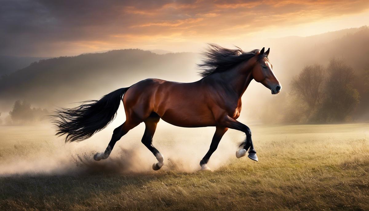 A majestic horse galloping in a dreamy landscape
