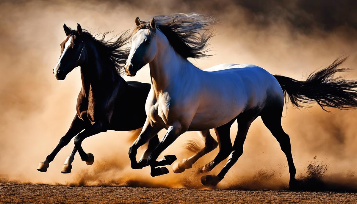 Two graceful horses trotting side-by-side in a dream, symbolizing unity and personal growth.