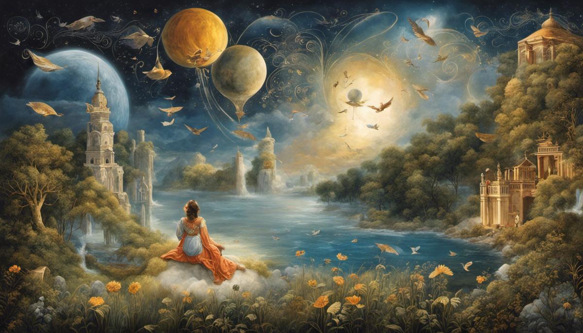 An image illustrating the various symbols and narratives of dreams, representing the exploration of the human psyche in dream interpretation.