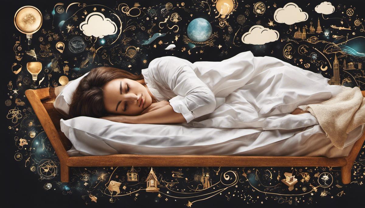 An image depicting a person lying in bed with thought bubbles filled with different symbols and icons related to dream interpretation, representing the complexity and diversity of dreams.