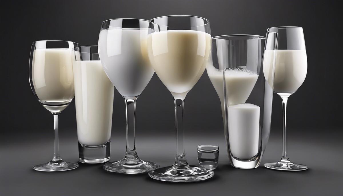 Image description: Various glasses of milk against a dark background.