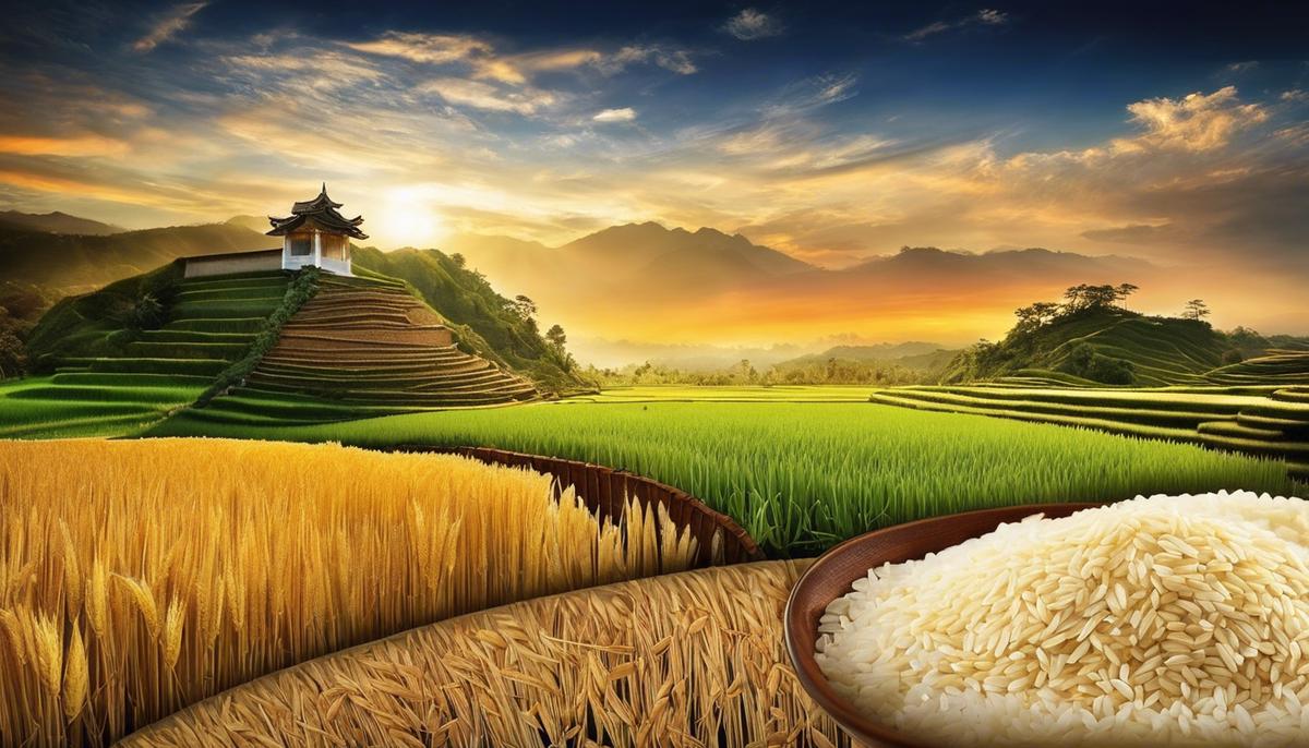 An image depicting various forms of rice including uncooked grains, cooked rice, rice fields, and harvested rice. The image represents the symbolic meaning of rice in dreams and its significance in various cultures.