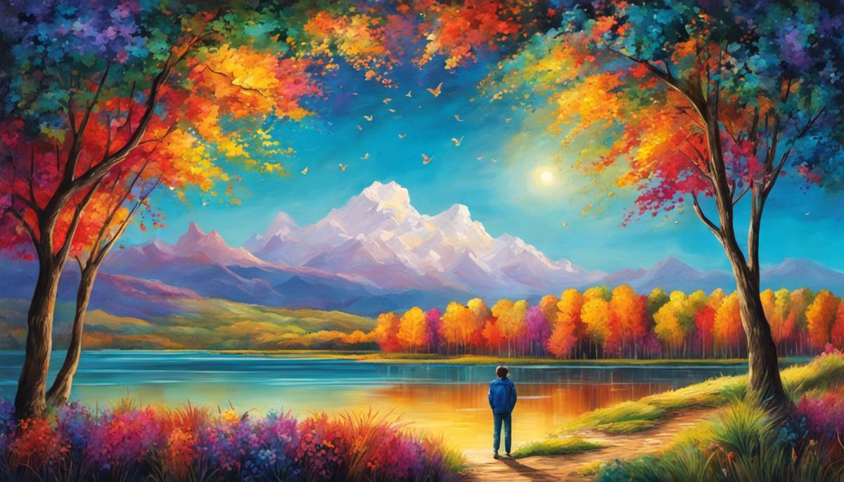 An image of a dream landscape with vibrant colors, depicting a person gazing into the horizon with a sense of wonder and curiosity.