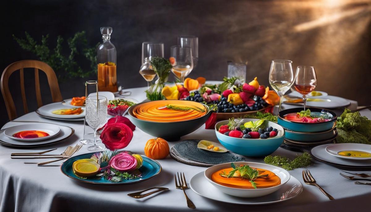 A dreamy table set with an assortment of colorful dishes, representing the psychological insights behind eating in dreams.