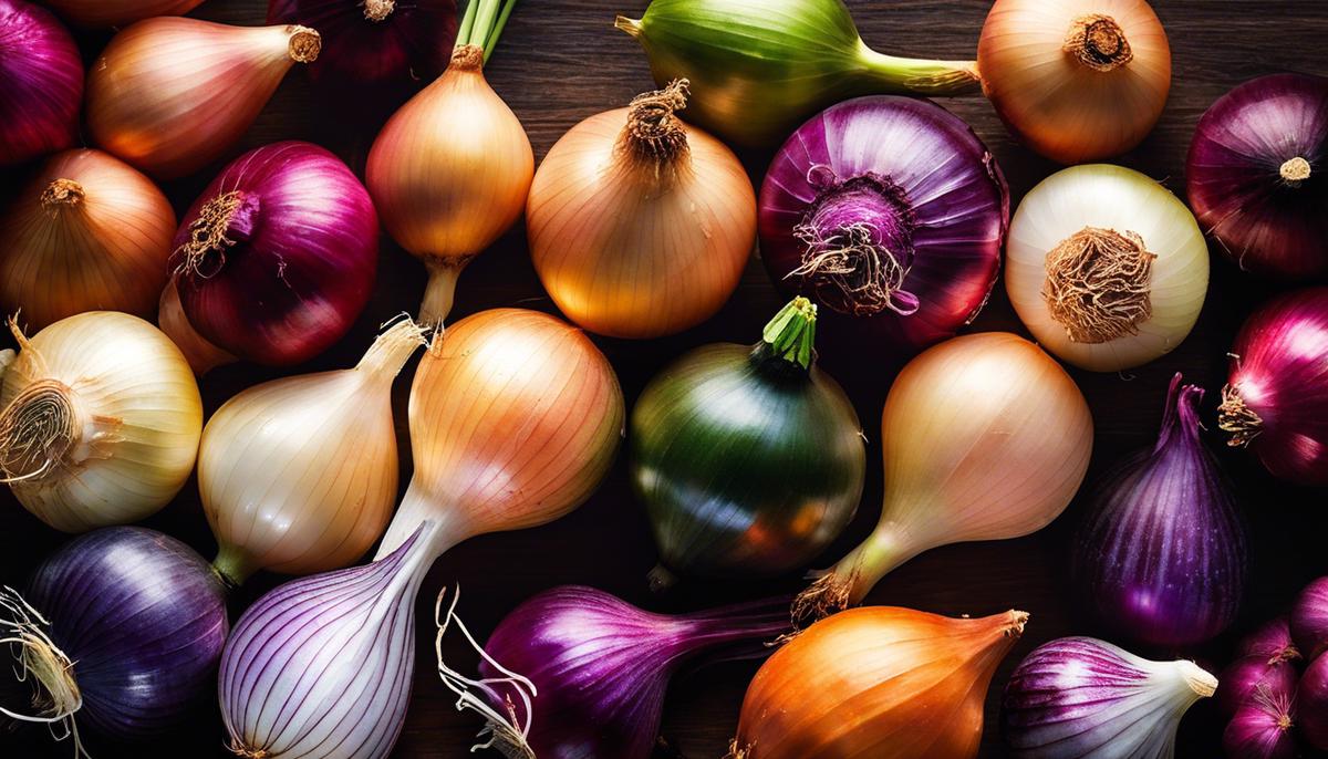An image of various onions of different colors, sizes, and shapes, representing the diversity of symbolism related to onions in dreams