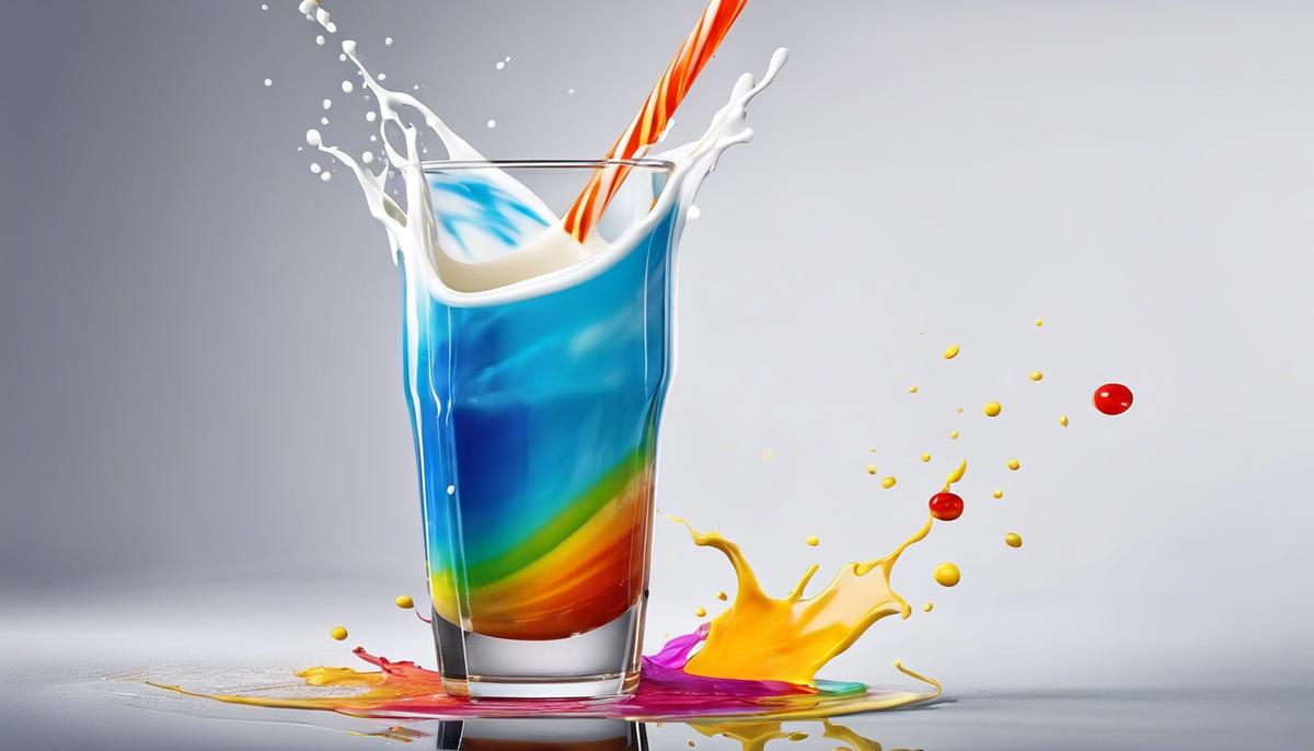Image description: A glass of milk with splashes of color, representing the symbolism of milk in dreams.