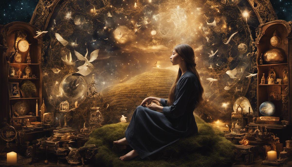 Image of a person surrounded by various dream symbols, representing the complexity and depth of dream symbolism.