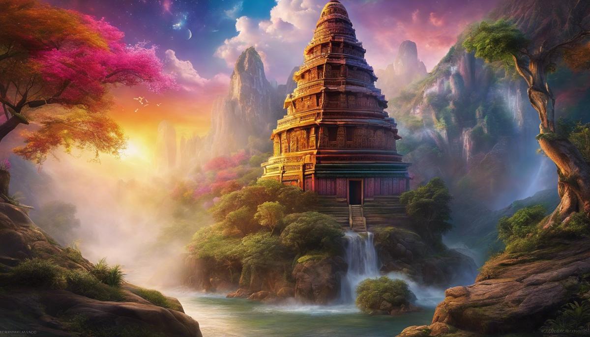 Image depicting a variety of dream symbols, such as a temple, a faceless figure, and a colorful dream landscape