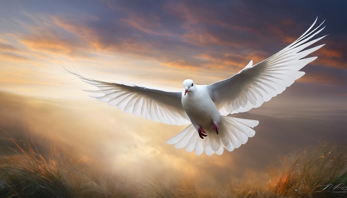 Image description: a white dove flying gracefully in a dream-like, ethereal world.