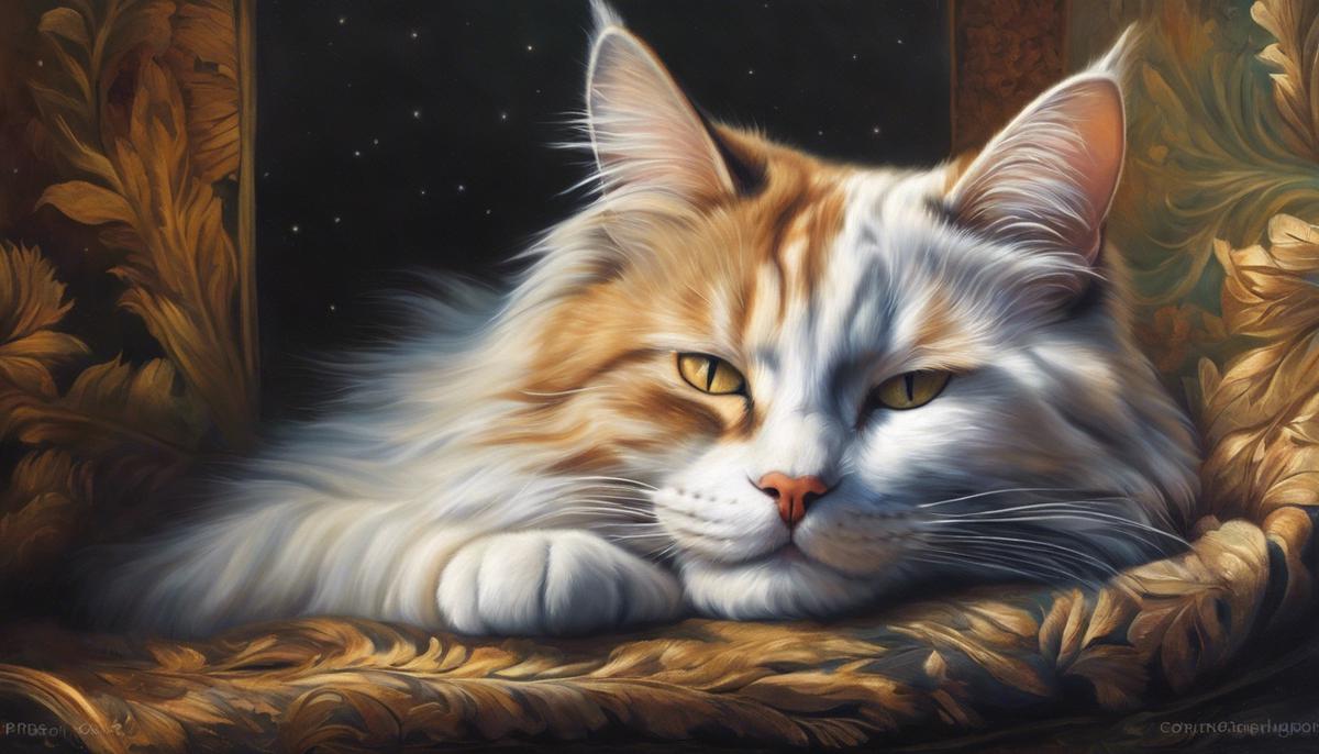 Image of a dreaming cat with closed eyes and a peaceful expression, representing the soothing and contented dream tableau mentioned in the text.