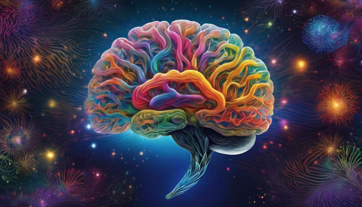 An image of a brain with colorful dream-like patterns emanating from it, representing the complex relationship between neurobiology and dreaming