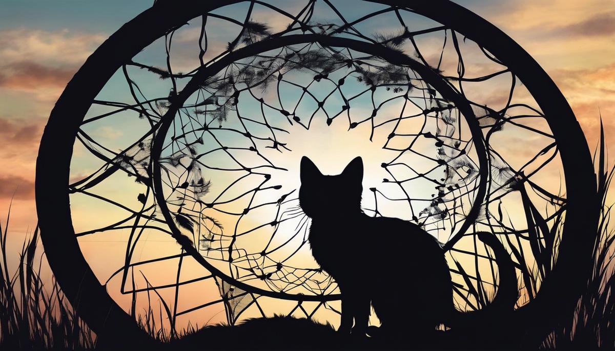 Illustration of a dreamcatcher with a silhouette of a cat inside, symbolizing the deeper spiritual message in dreaming of a dead cat.