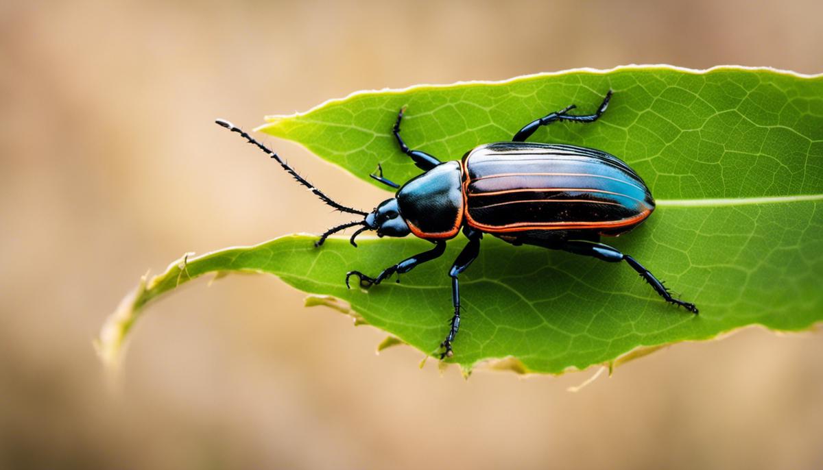 An image of a beetle on a leaf, representing the symbolism and significance of dreaming about beetles for spiritual and psychological introspection.