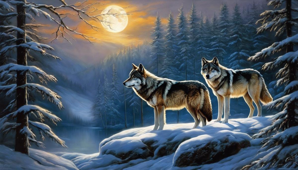 A mystical image of two wolves in the moonlight, symbolizing the beauty and power of family bonds.