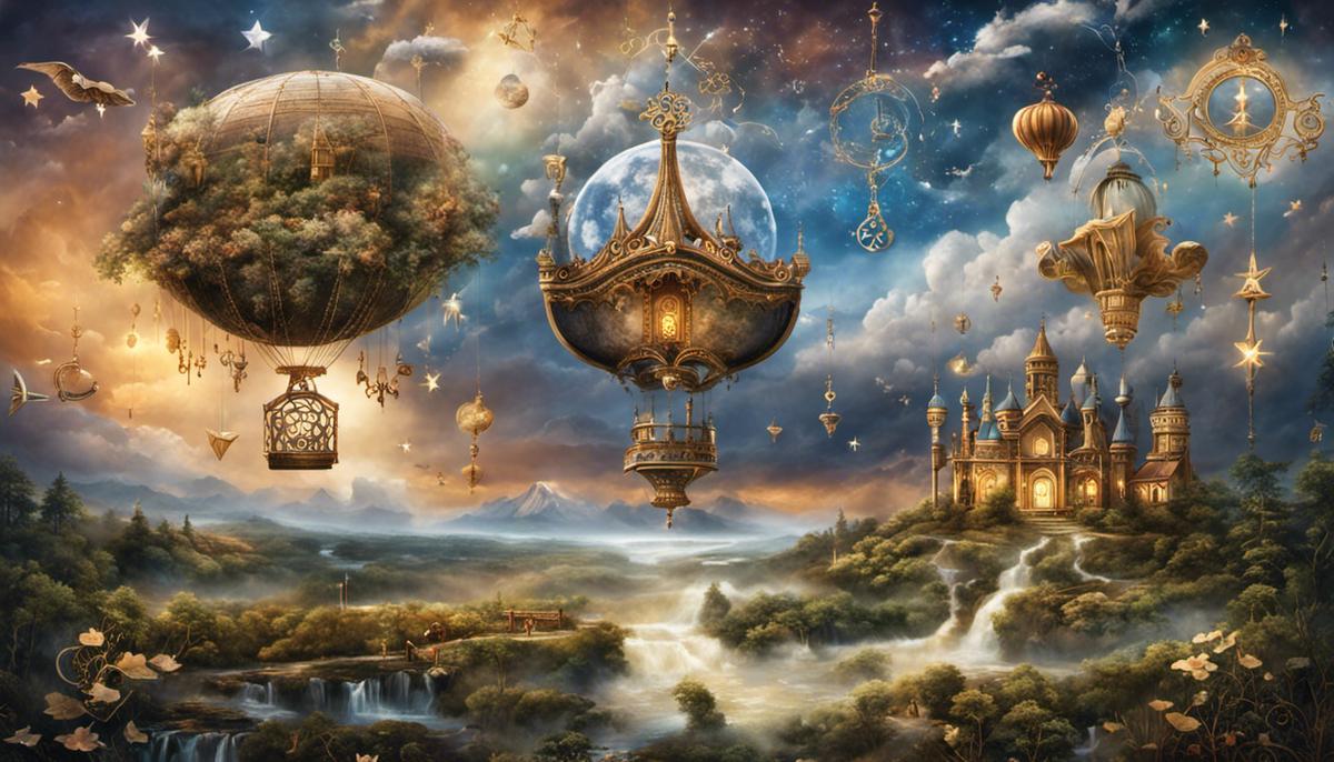 An image showing various dream-related symbols, such as clouds, stars, and keys, representing the complexity and intrigue of dreams.