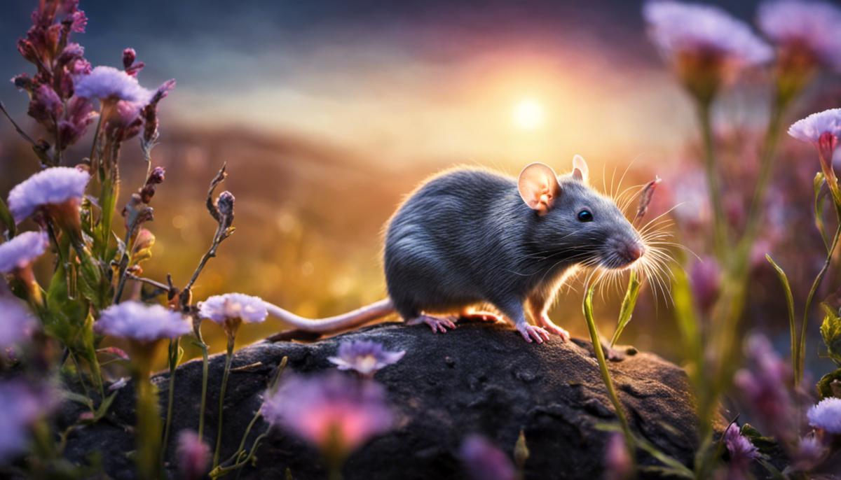 Image description: A close-up image of a rat in a dream-like landscape.