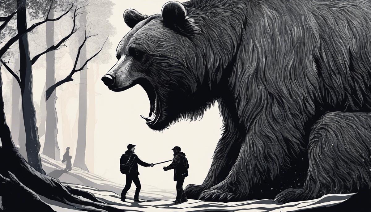 Illustration of two people having a dream about fighting a bear, representing the inner struggle and personal growth associated with dream interpretations.
