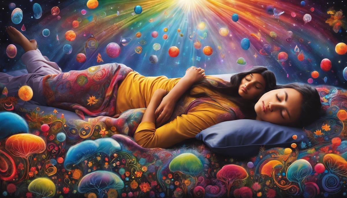 Image of a person sleeping and surrounded by colorful dream symbols and thought bubbles, representing the mystery and complexity of dreams.