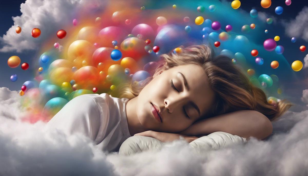 A person sleeping on a cloud with various colorful dream bubbles surrounding them