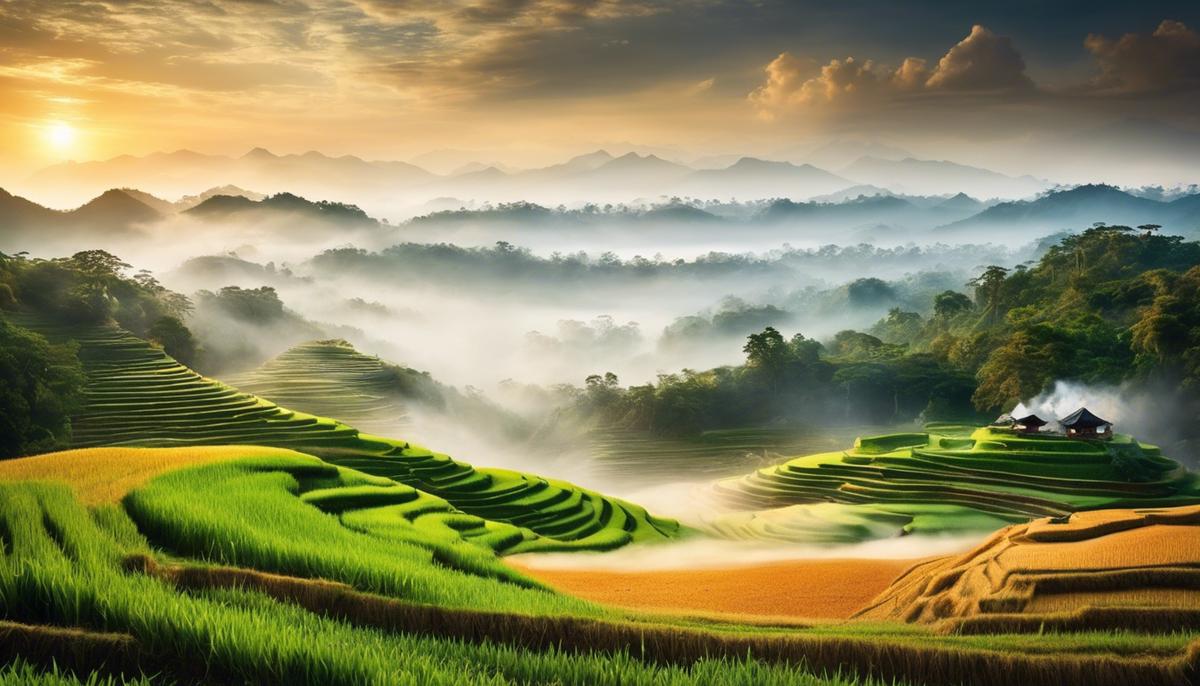 An image of a dreamy landscape with steaming bowls of cooked rice as symbols of dreams and aspirations.