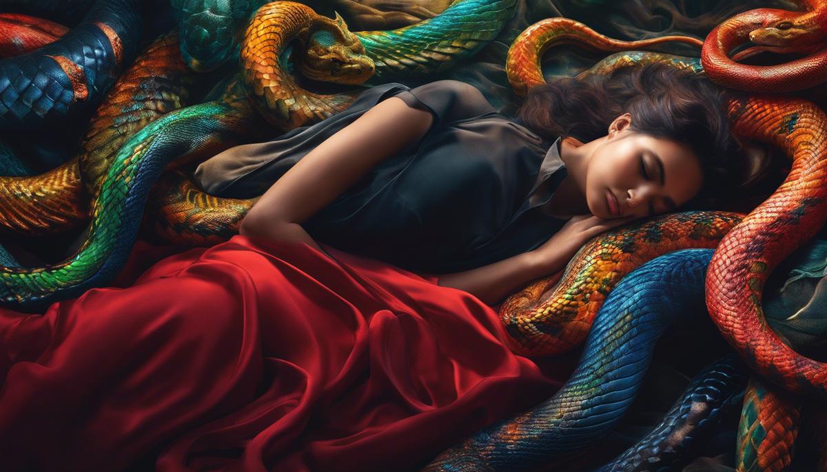 Image depicting a person sleeping with colorful serpents surrounding them