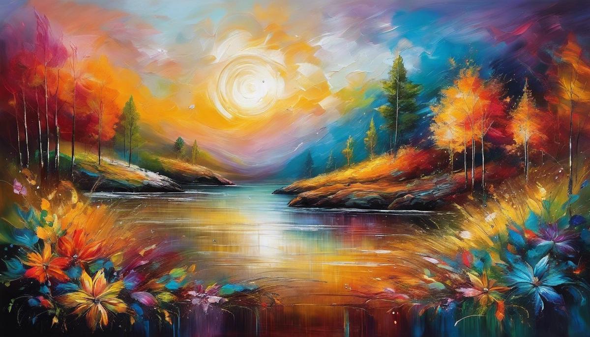 A colorful abstract painting representing a dream-like landscape with different symbols and patterns.