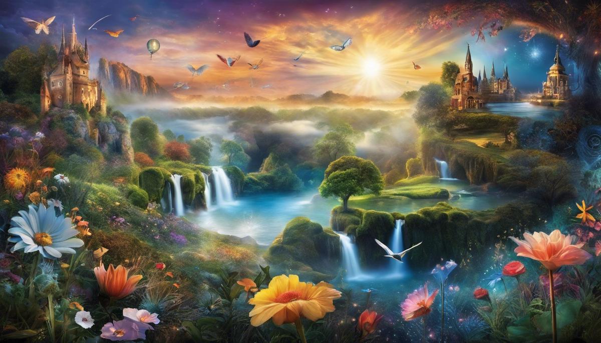 An image of a dreamscape showing various dream symbols and scenes, representing the mysterious and captivating nature of dreaming.