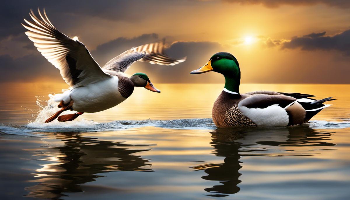Image description: Ducks gliding gracefully on water, symbolizing harmony and balance in dreams and biblical symbolism.