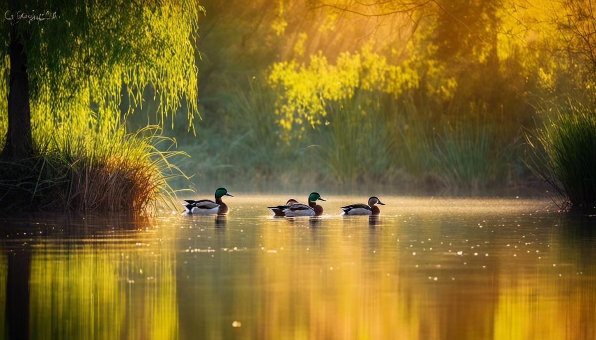 An image of ducks swimming in a pond in nature environment.