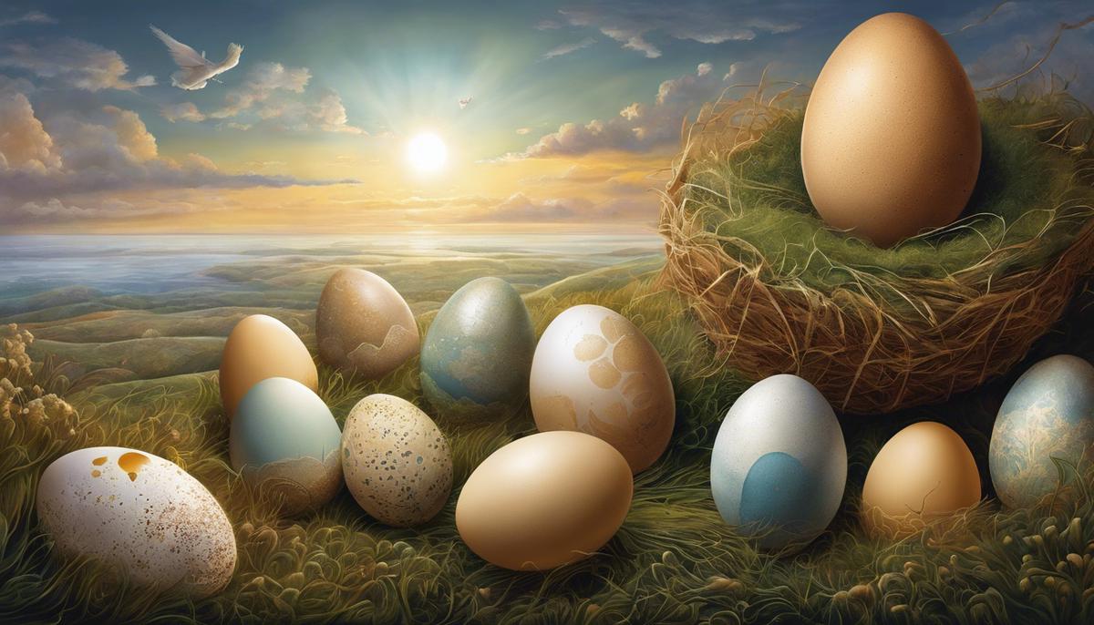 Illustration of eggs in a dream, representing the exploration of subconscious imagery and personal growth.