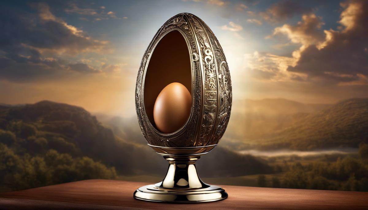 Image of an egg with symbolic representations of potential, birth, and resurrection.