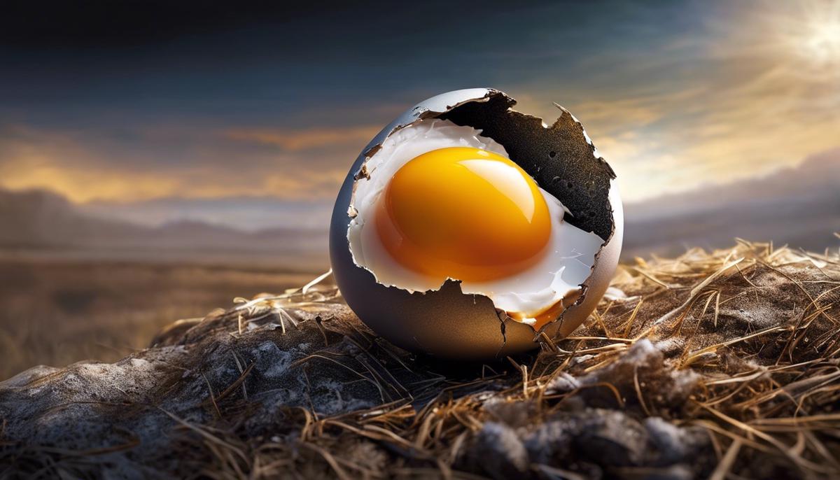 A cracked egg symbolizing the messiness and breakthroughs of change in dreams.