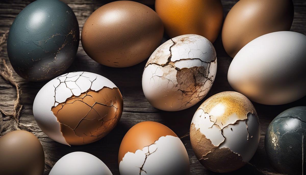 Image of cracked eggs, representing the exploration of hidden aspects within oneself in dreams.