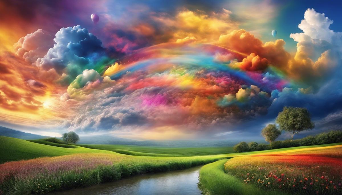 An image representing the connection between emotions and dreams, showing colorful dream clouds with various emotions written on them.