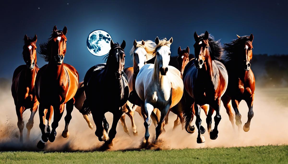 Image description: A group of horses running freely in an open field at night, with the moon shining brightly above them.