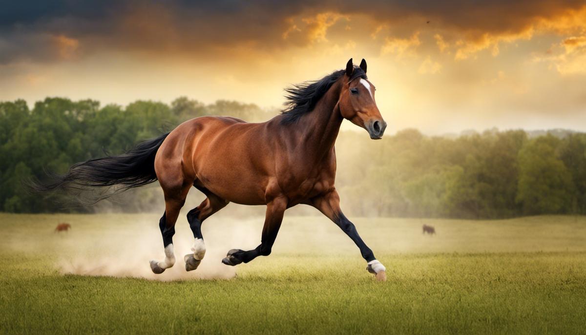 Image of a horse running free in a field, representing the power and majesty of horses in dreams and biblical references.