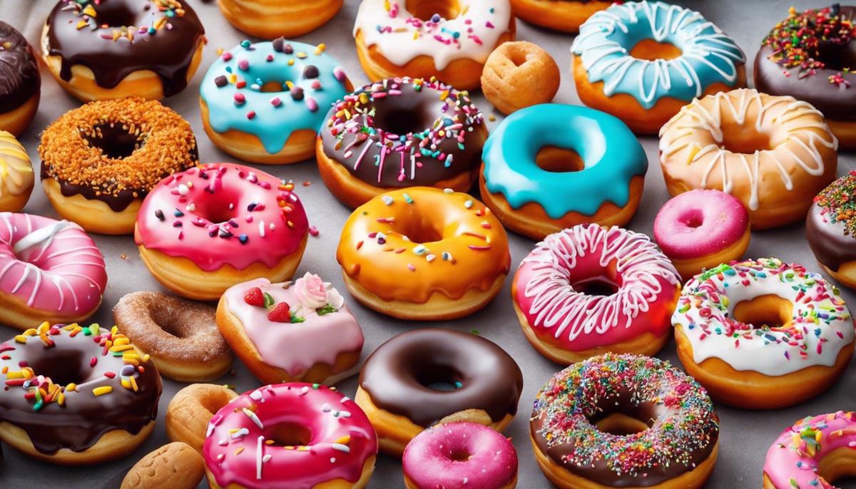 Image of trendy donuts in various colors and styles, decorated with different toppings and glaze