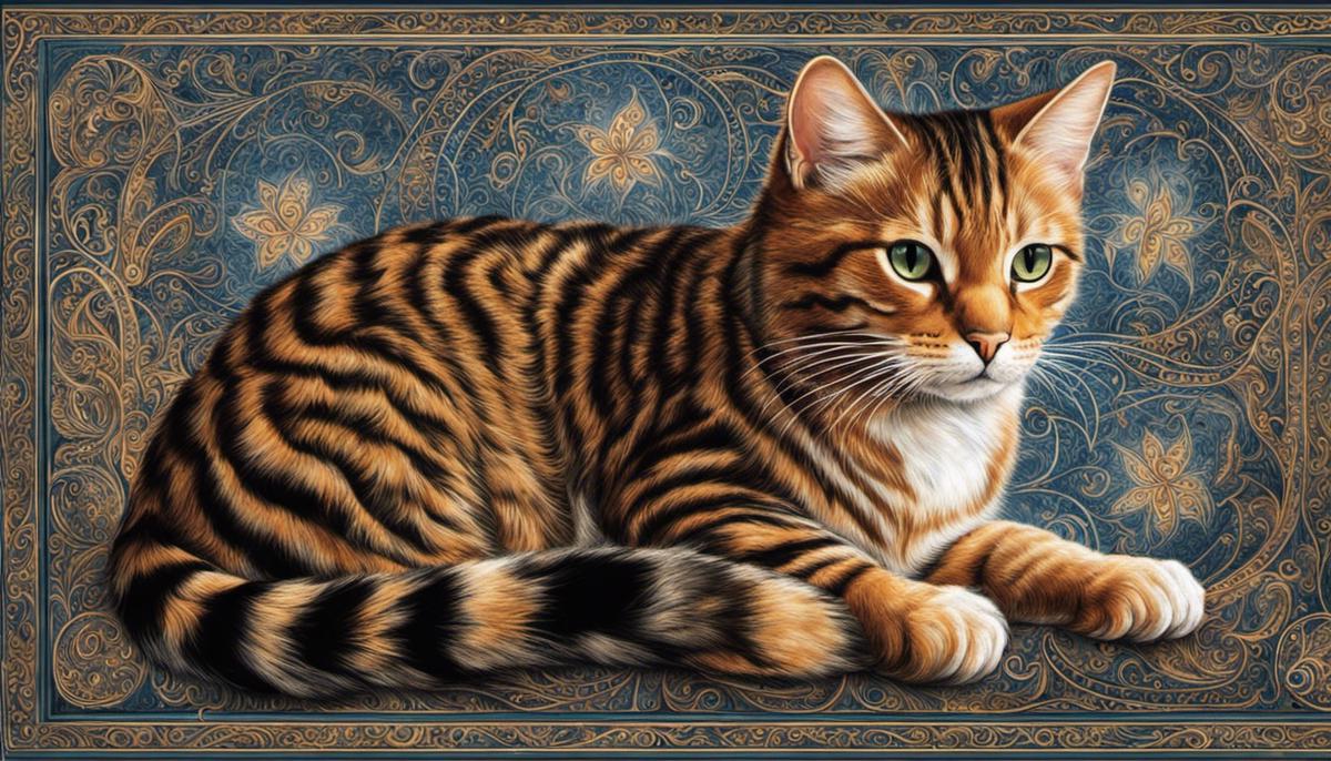 Image depicting a cat with intricate patterns on its fur, illustrating the diverse interpretations of feline symbolism in dreams.