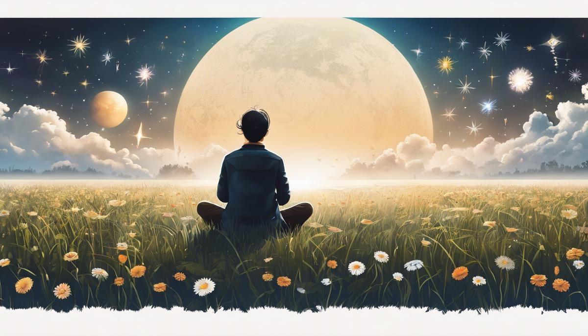 Illustration of a person sitting in a field with their eyes closed, surrounded by floating dream symbols.