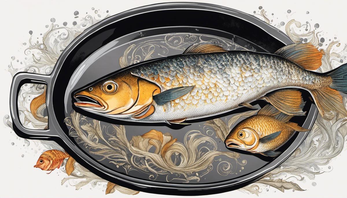 Illustration of a fish swimming in a frying pan, symbolizing the symbolic connotations of fish and frying in dreams