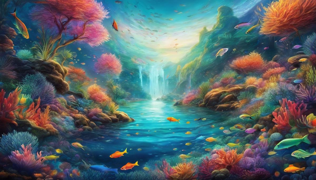 Illustration of fish swimming through colorful dreamscape