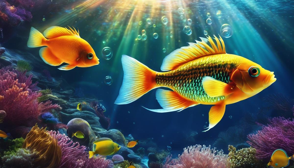 Image of colorful fish swimming in a dream-like ocean surrounded by bubbles and rays of light