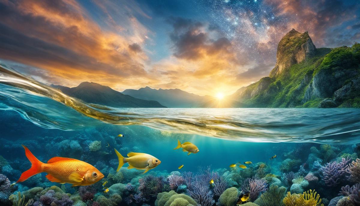 Image depicting a fish swimming in a dream-like landscape, representing the topic of fish in dream analysis and cultural symbolism.