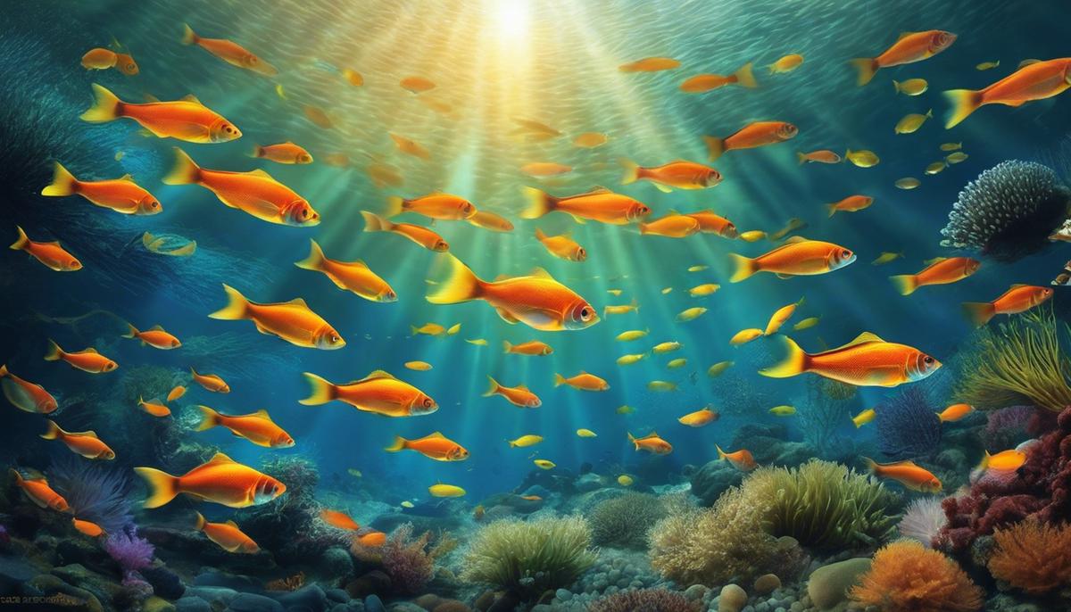 Image description: Visual representation of fish interactions in dreams, showcasing a school of fish swimming together in harmony.