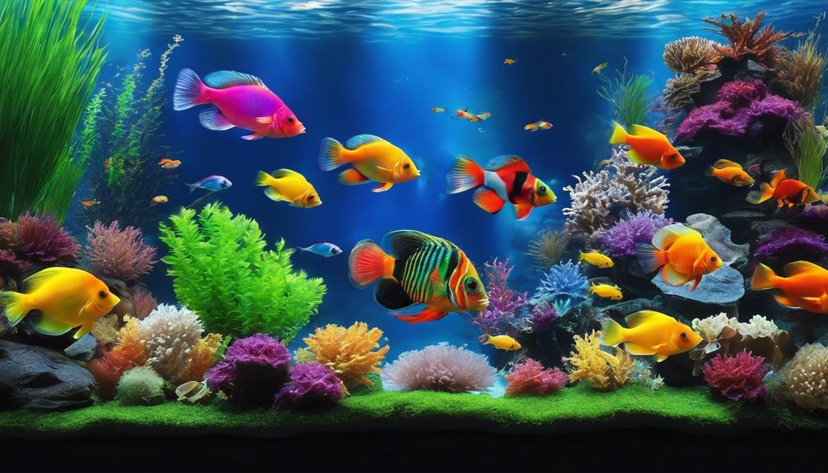 A serene image of a fish tank filled with colorful fish swimming in crystal-clear water.