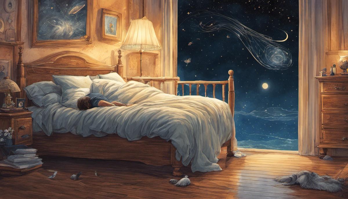 Illustration of a person sleeping peacefully with fleas flying around the room in their dream, representing the complexity of dream interpretation.